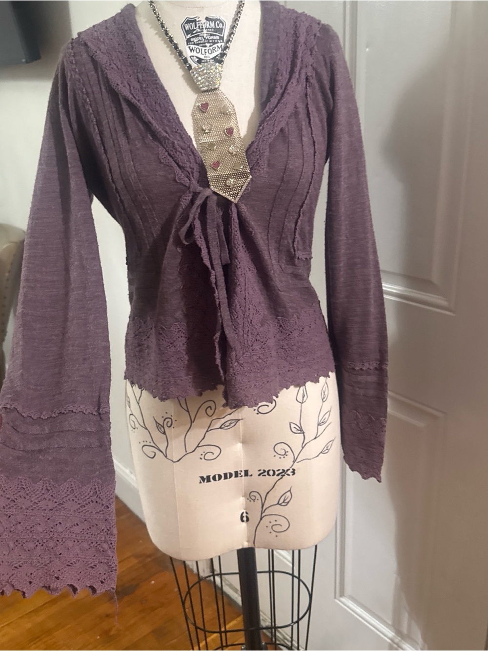 sparrow Plum Lace-Trim Tie-Front Hooded Top